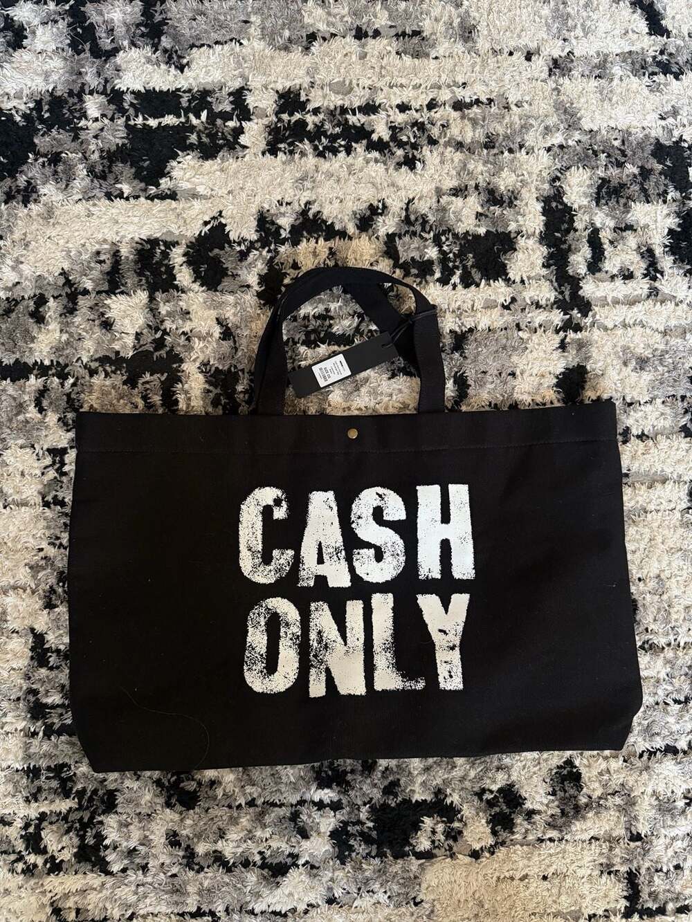 NOVAMEN Black Cash Only Print Canvas Tote Bag